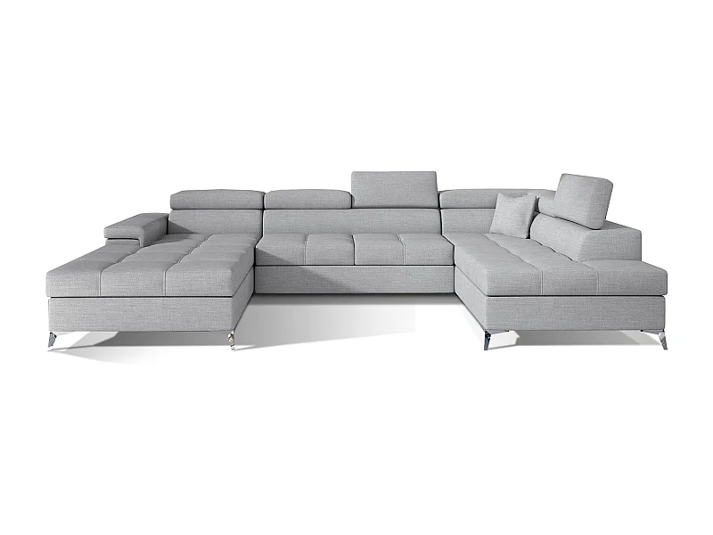 Canapé panoramique tissu gris clair coffre de rangement à droite Kutty 345cm