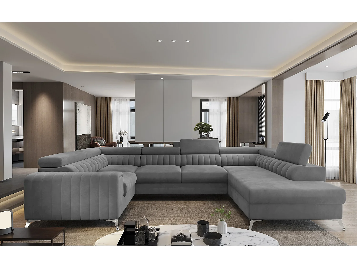 Canapé panoramique convertible velours gris avec coffre de rangement Louve 340cm-Coffre de rangement à droite