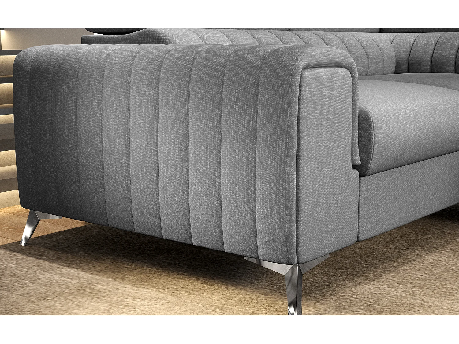 Canapé panoramique convertible velours gris avec coffre de rangement Louve 340cm-Coffre de rangement à droite