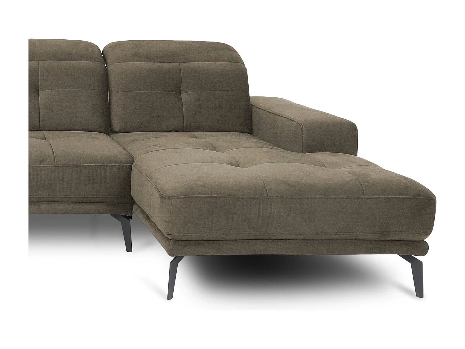 Design panoramische bank in donkerbeige stof hoofdsteunen linkerhoek met Stan armleuning 350 cm