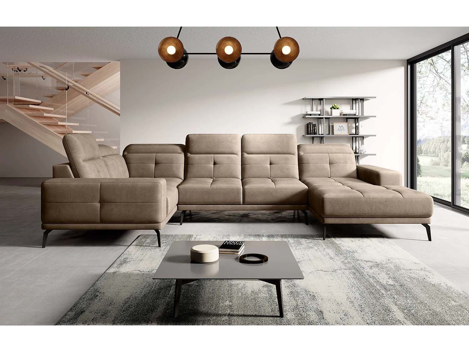 Design panoramische bank in donkerbeige stof hoofdsteunen linkerhoek met Stan armleuning 350 cm