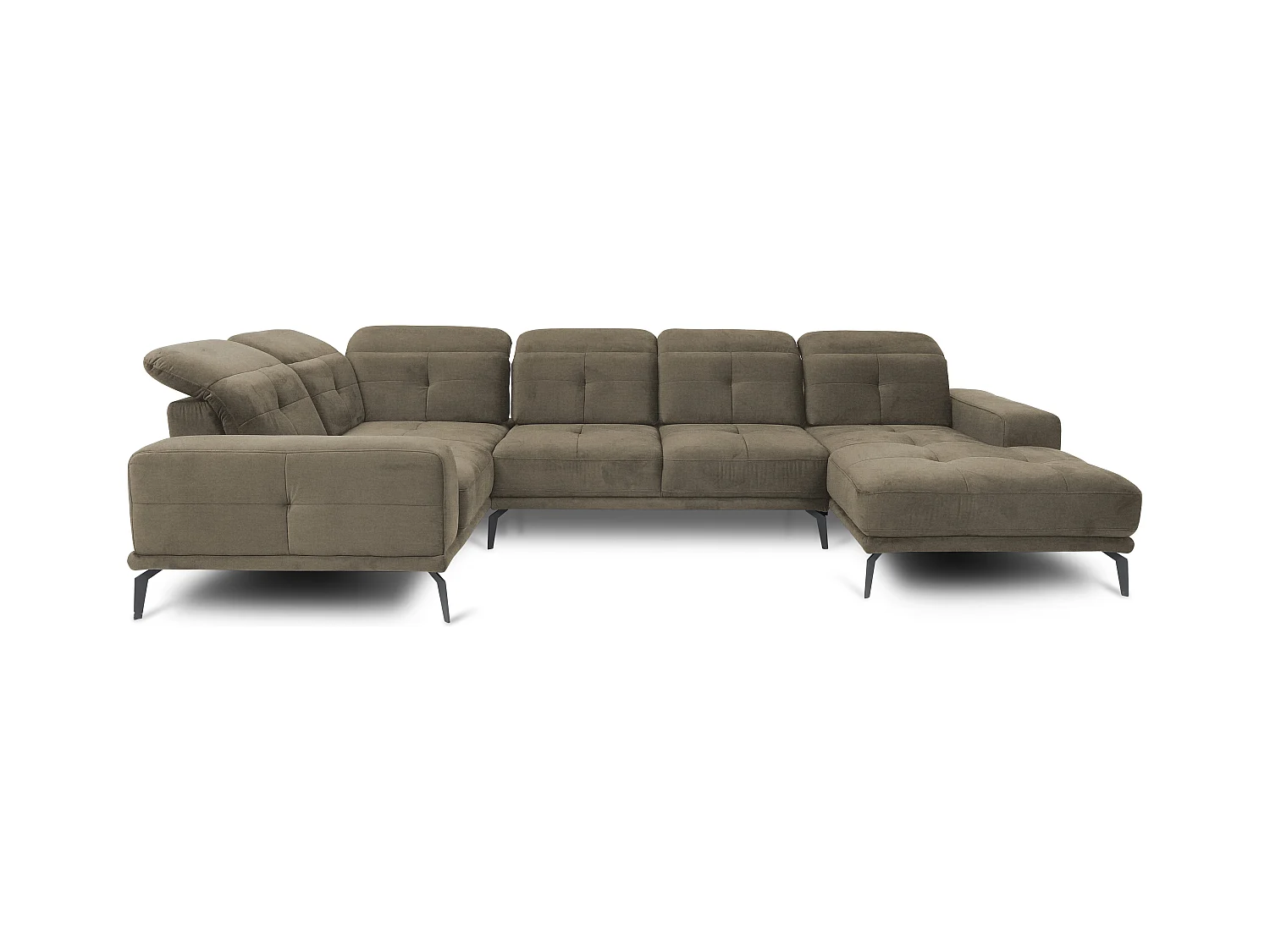 Canapé panoramique design tissu beige foncé têtières angle gauche avec accoudoir Stan 350cm