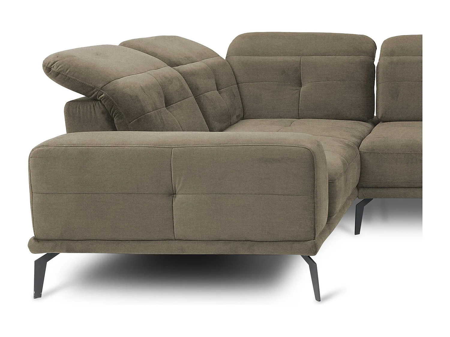 Canapé panoramique design tissu beige foncé têtières angle gauche avec accoudoir Stan 350cm