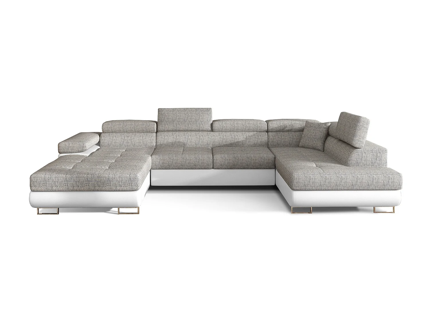 Canapé panoramique tissu gris clair chiné et simili cuir blanc convertible avec coffre de rangement Romano 345cm-Coffre de rangement à droite
