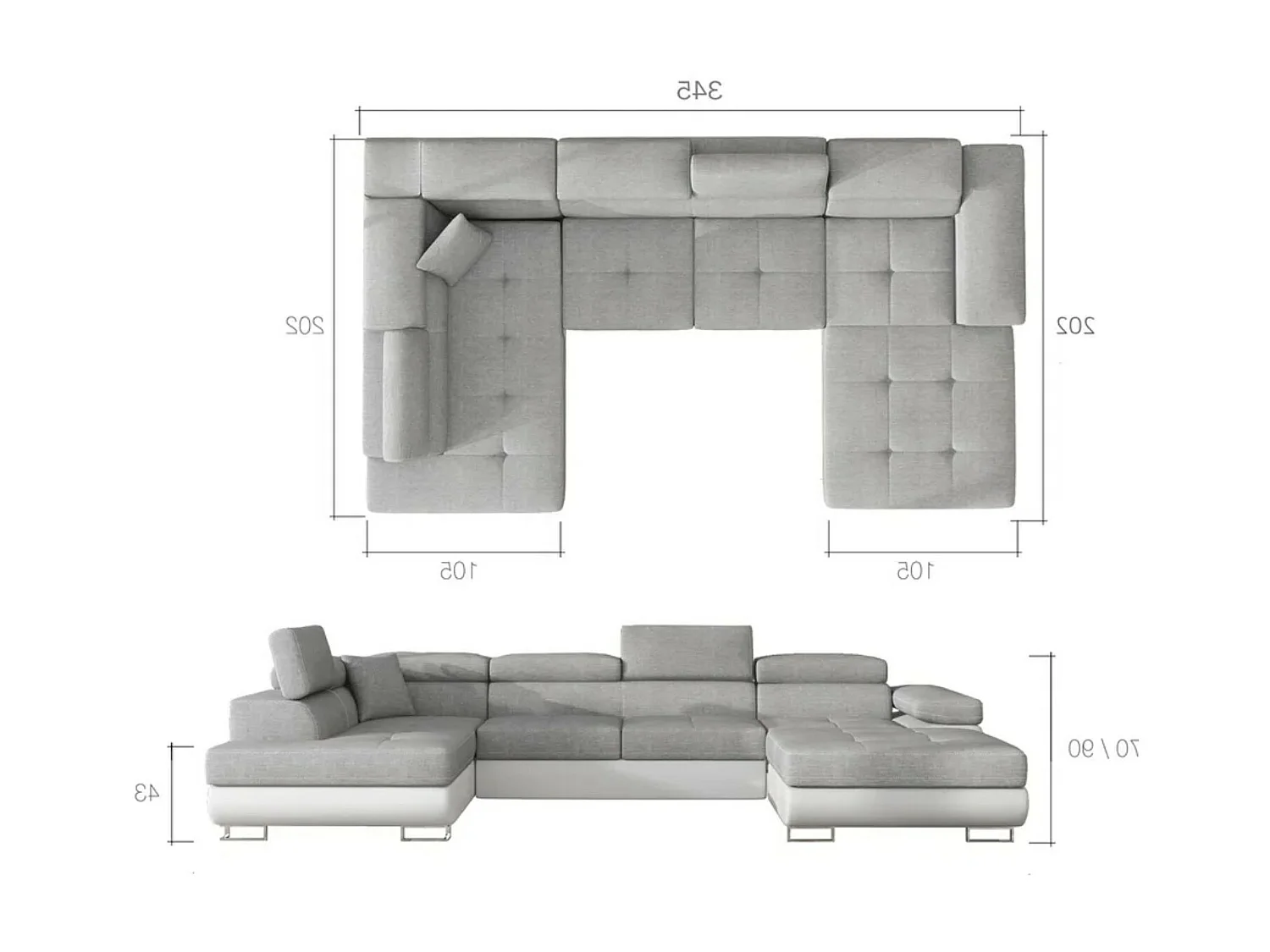 Canapé panoramique tissu gris clair chiné et simili cuir blanc convertible avec coffre de rangement Romano 345cm-Coffre de rangement à droite