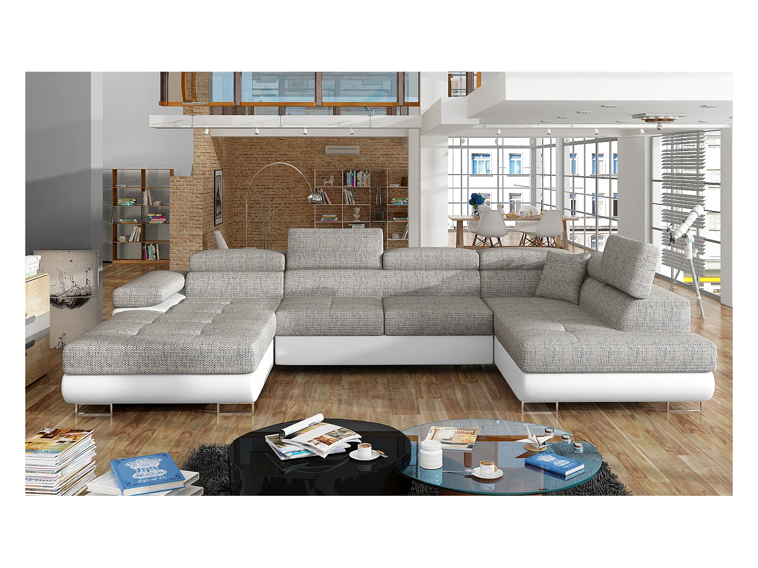 Canapé panoramique tissu gris clair chiné et simili cuir blanc convertible avec coffre de rangement Romano 345cm-Coffre de rangement à droite