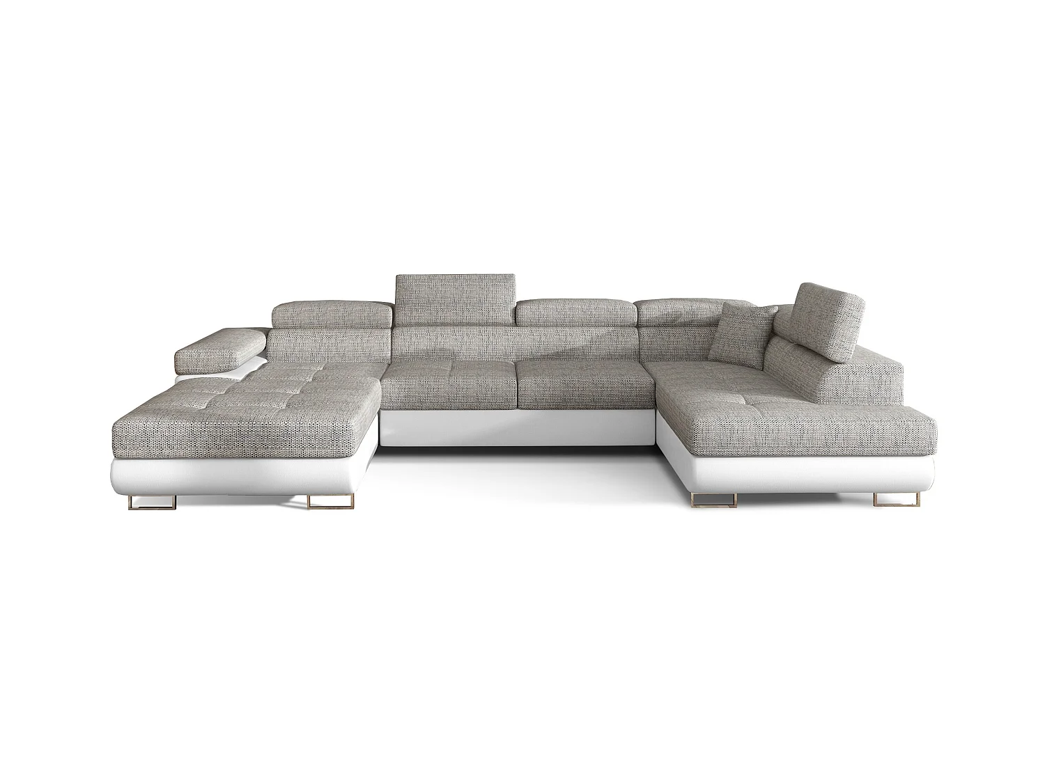Canapé panoramique tissu gris clair chiné et simili cuir blanc convertible avec coffre de rangement Romano 345cm-Coffre de rangement à droite