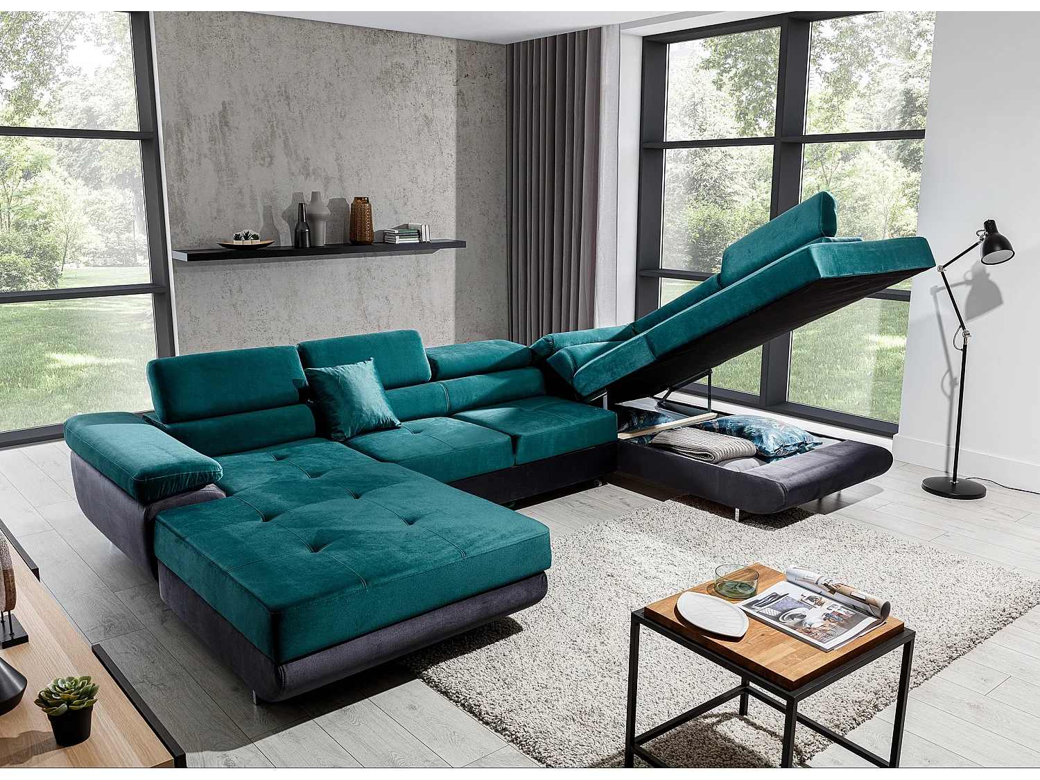 Canapé panoramique tissu gris clair chiné et simili cuir blanc convertible avec coffre de rangement Romano 345cm-Coffre de rangement à droite