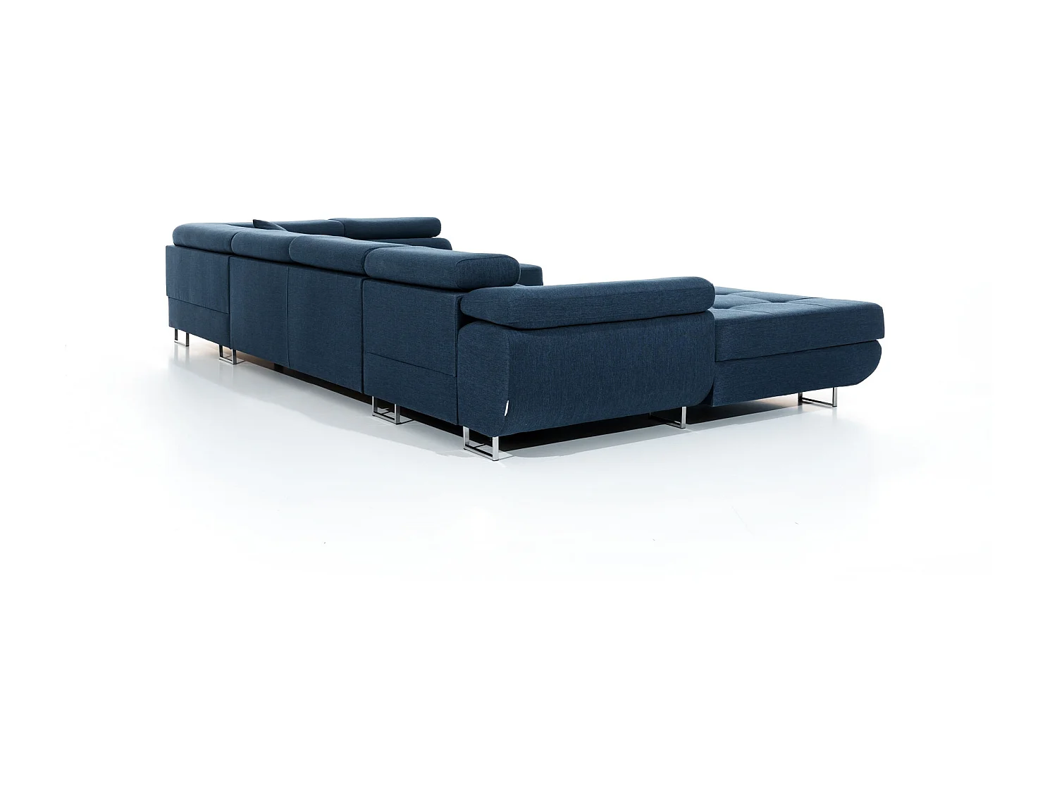 Canapé panoramique tissu gris clair chiné et simili cuir blanc convertible avec coffre de rangement Romano 345cm-Coffre de rangement à droite