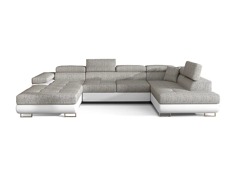 Canapé panoramique tissu gris clair chiné et simili cuir blanc convertible avec coffre de rangement Romano 345cm-Coffre de rangement à droite