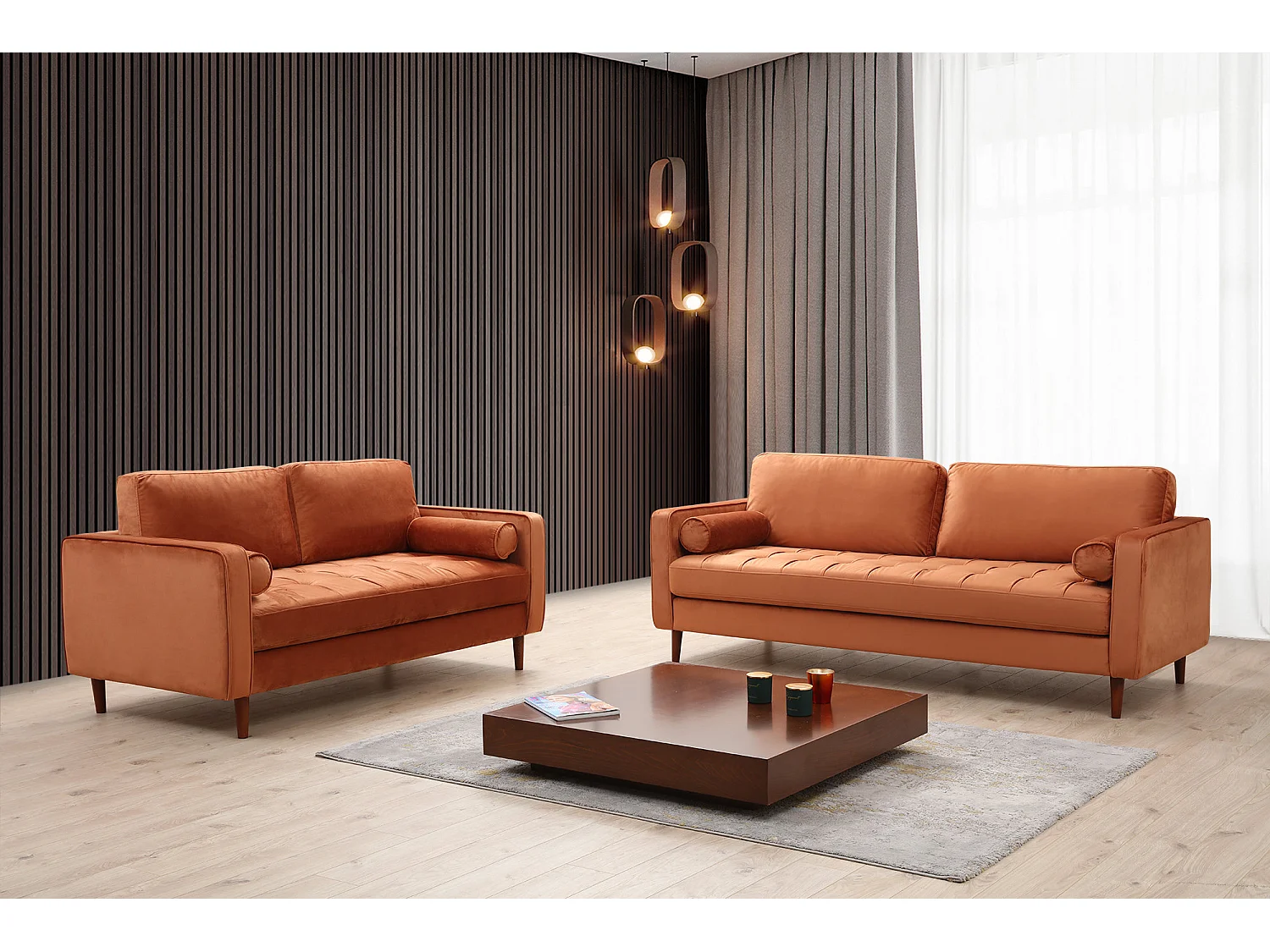 Canapé 2 places velours orange Romuza 175cm