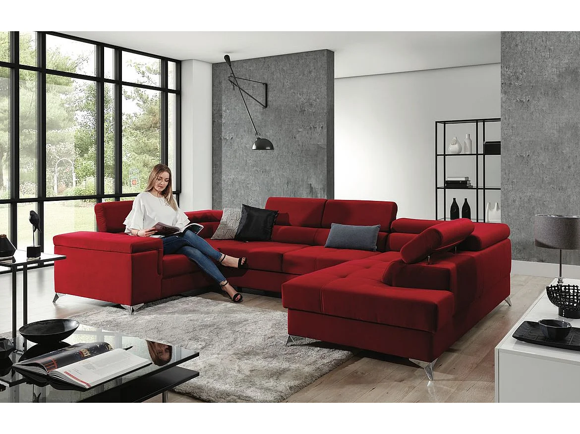 Canapé panoramique convertible velours marron foncé et marron clair avec coffre de rangement Triano 342cm-Coffre de rangement à droite