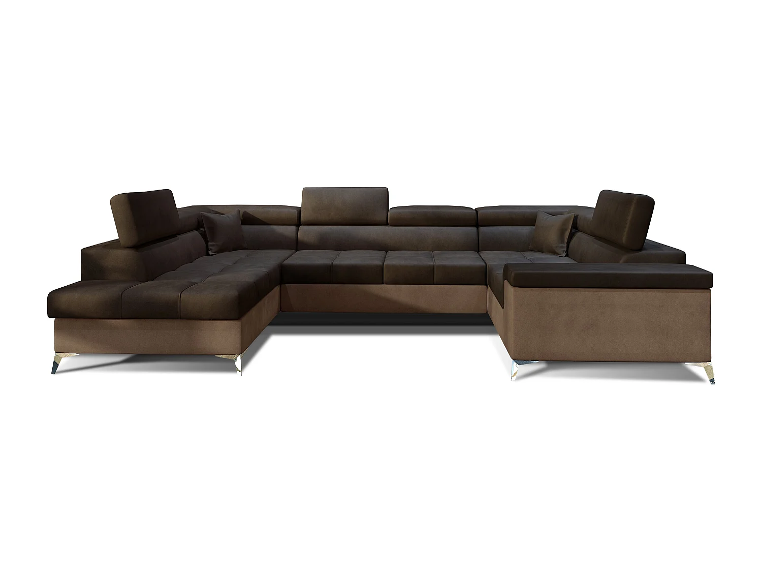 Canapé panoramique convertible velours marron foncé et marron clair avec coffre de rangement Triano 342cm-Coffre de rangement à droite