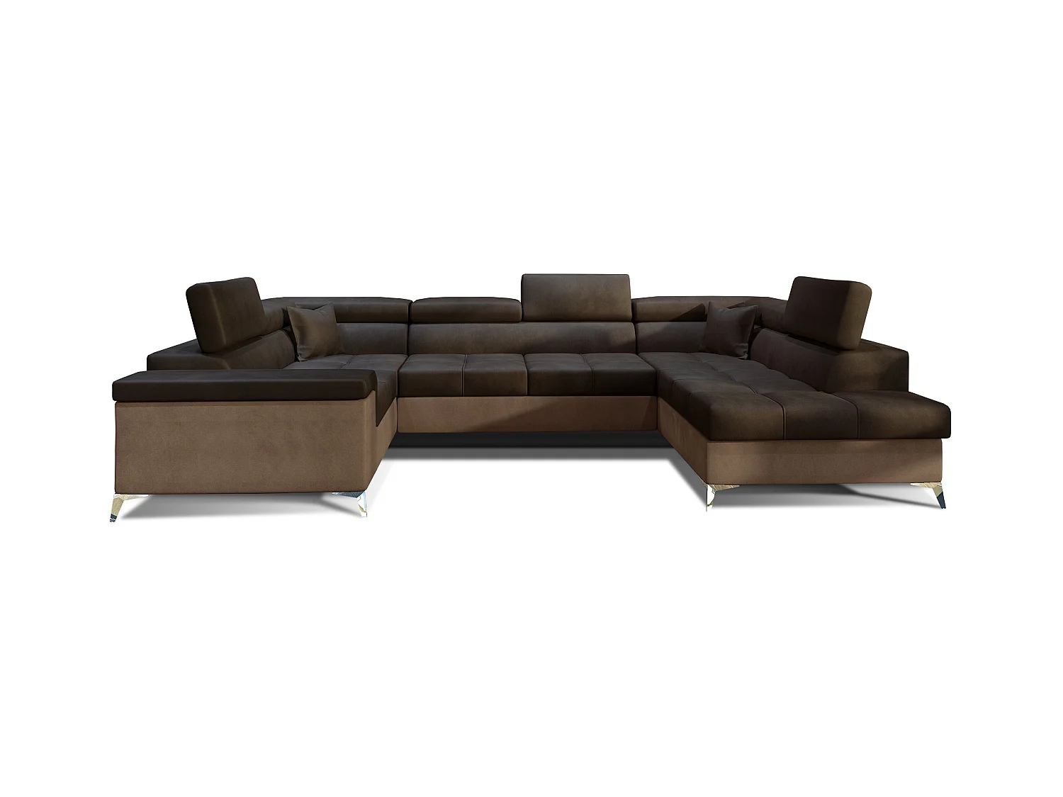Canapé panoramique convertible velours marron foncé et marron clair avec coffre de rangement Triano 342cm-Coffre de rangement à droite