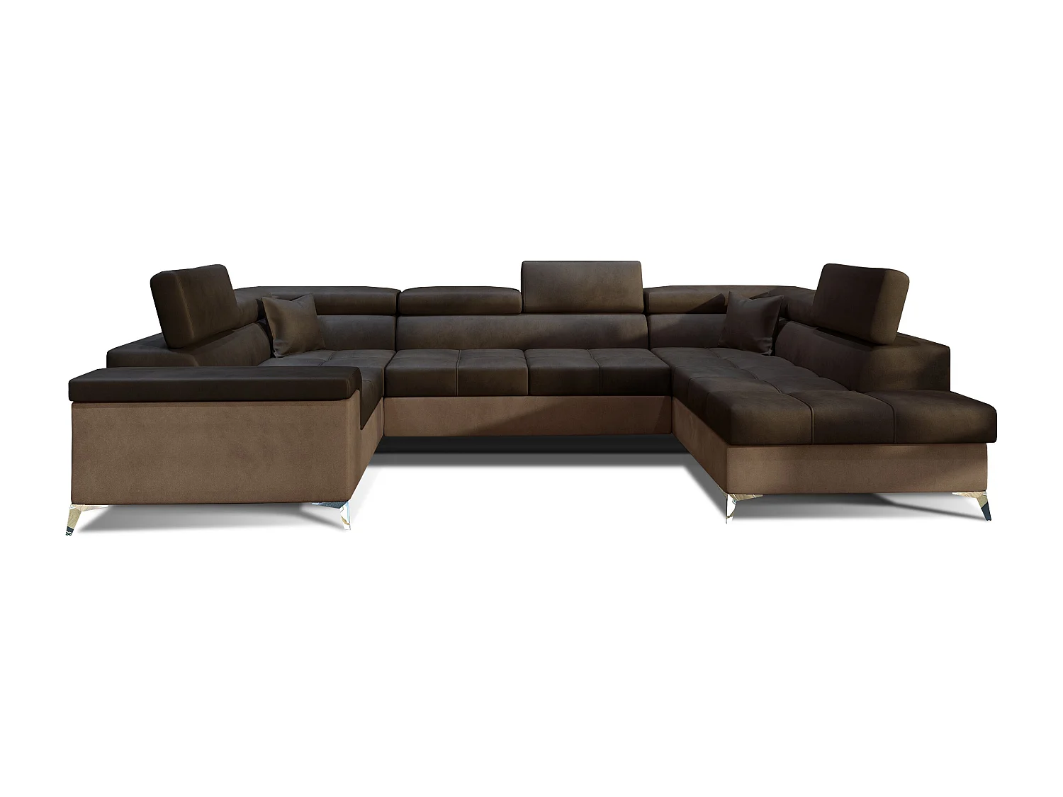 Canapé panoramique convertible velours marron foncé et marron clair avec coffre de rangement Triano 342cm-Coffre de rangement à droite