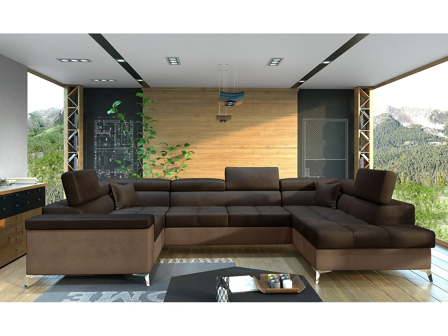 Canapé panoramique convertible velours marron foncé et marron clair avec coffre de rangement Triano 342cm-Coffre de rangement à droite