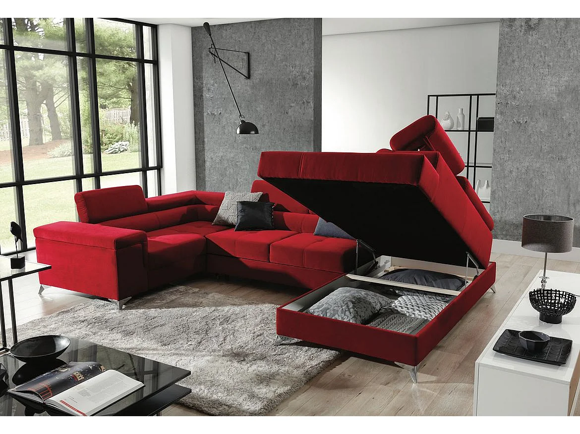 Canapé panoramique convertible velours marron foncé et marron clair avec coffre de rangement Triano 342cm-Coffre de rangement à droite