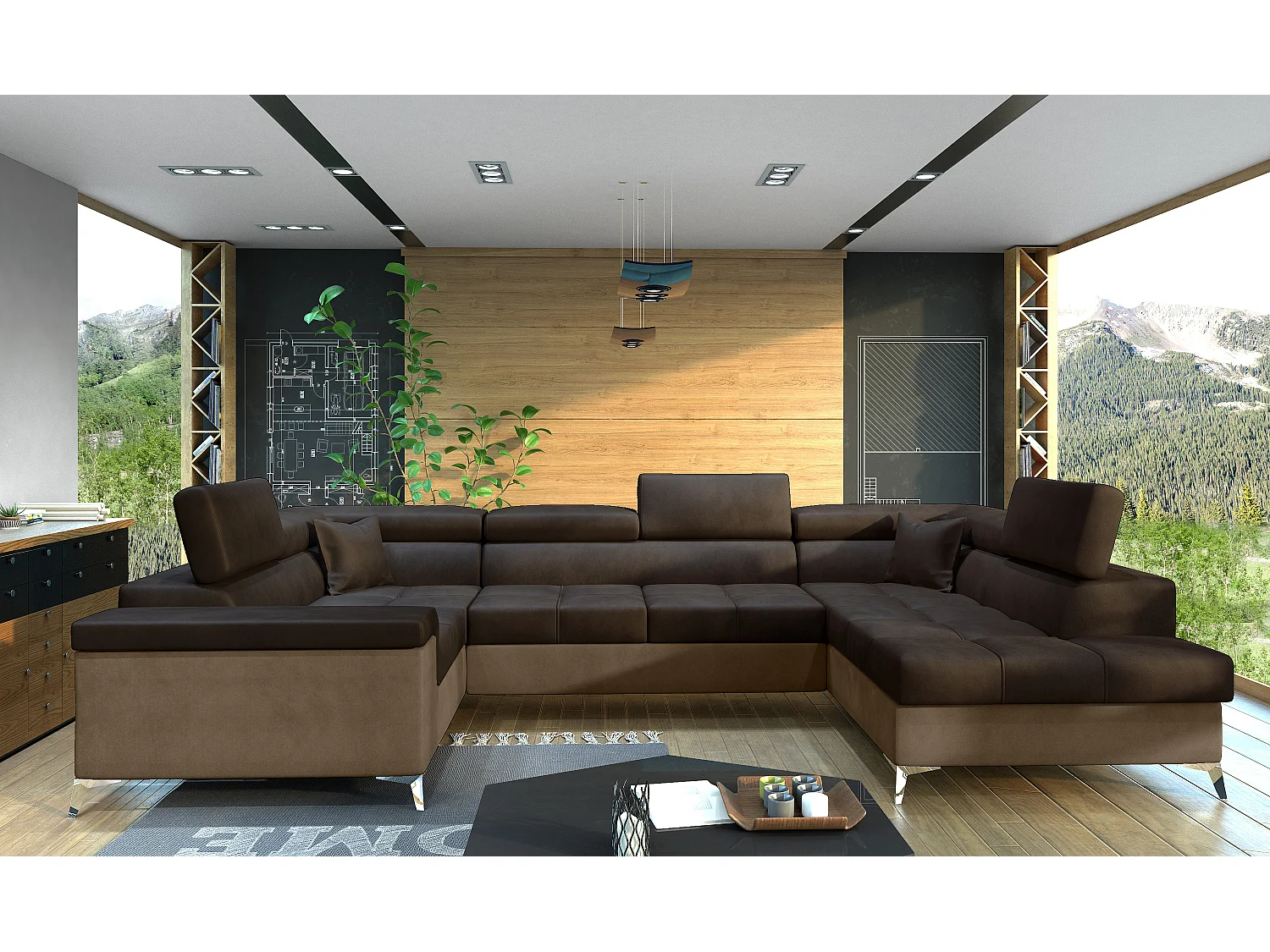 Canapé panoramique convertible TRIANO velours - têtières réglables-Marron clair/Marron foncé-Coffre à droite