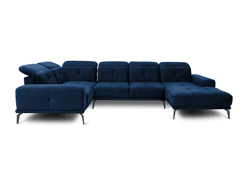 Canapé panoramique design velours bleu nuit têtières angle gauche avec accoudoir Stan 350cm