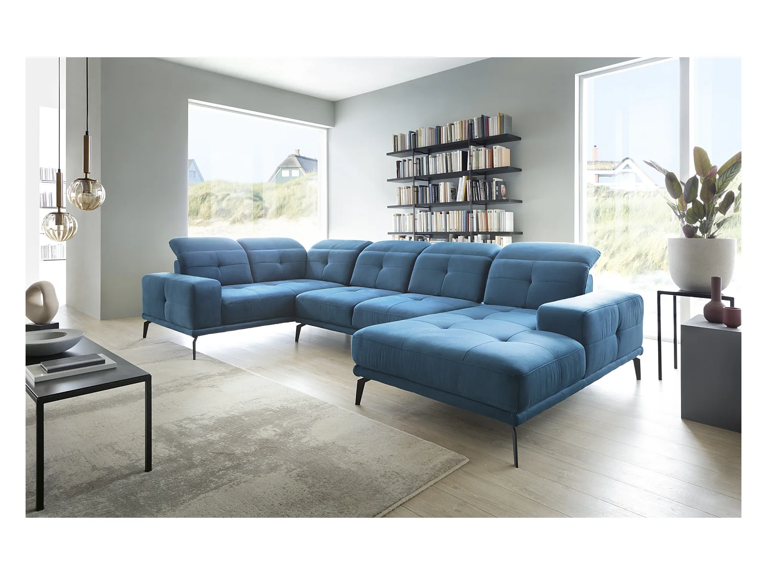 Canapé panoramique design velours bleu nuit têtières angle gauche avec accoudoir Stan 350cm
