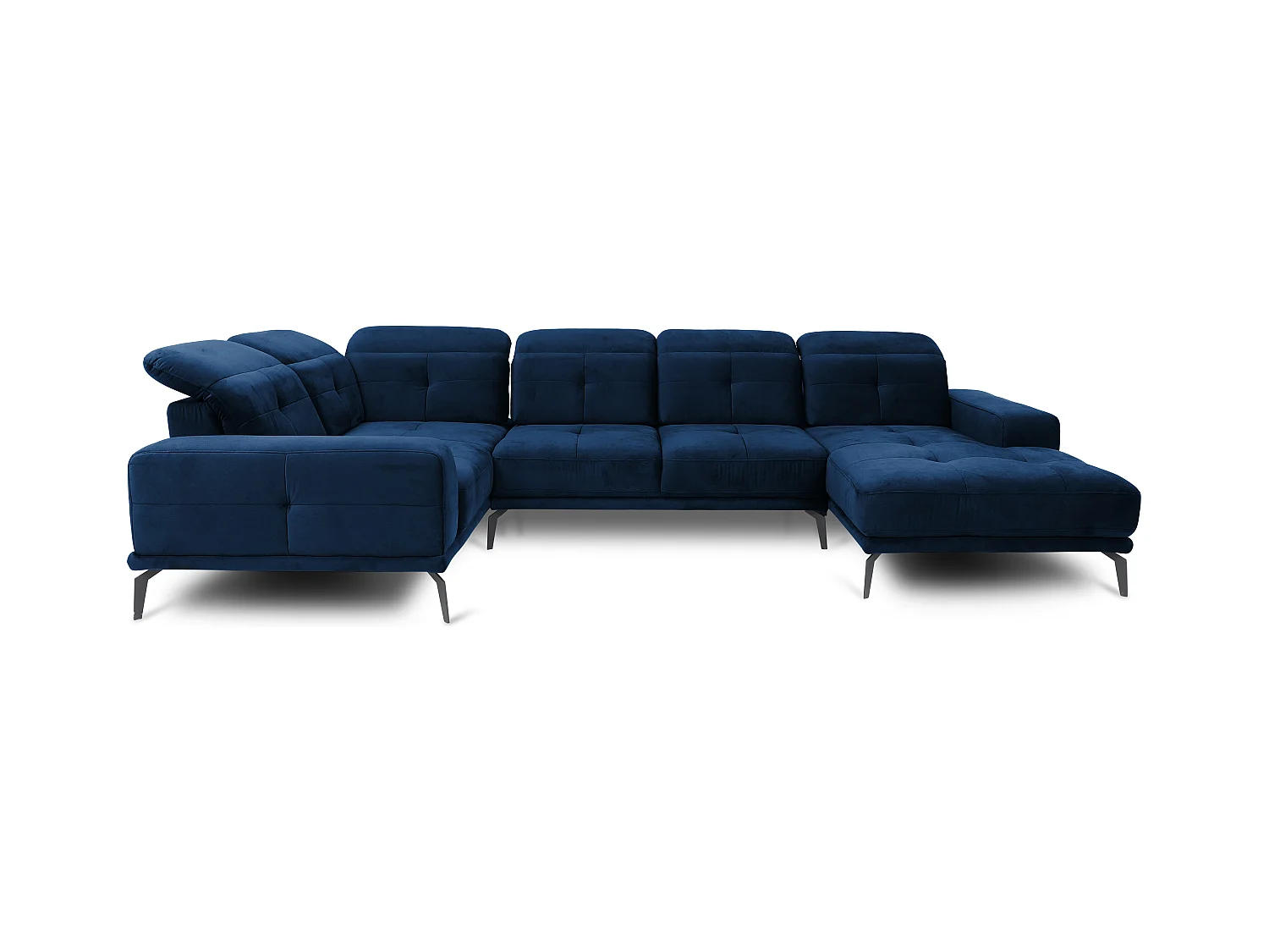 Canapé panoramique design velours bleu nuit têtières angle gauche avec accoudoir Stan 350cm