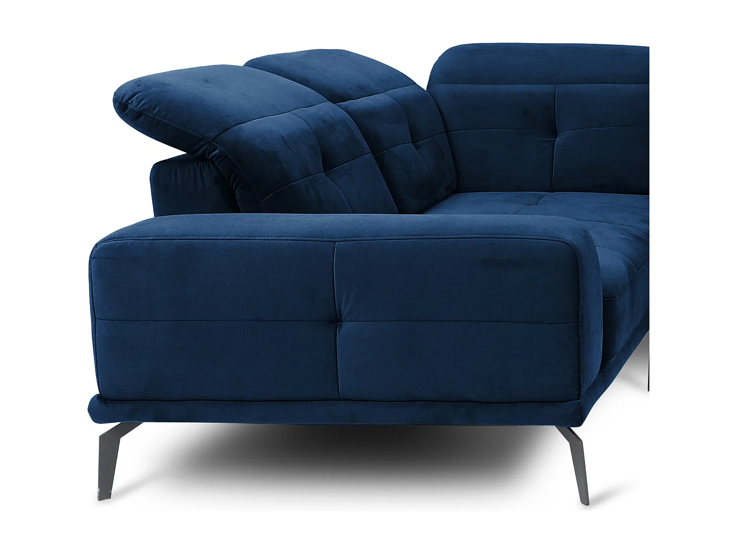 Canapé panoramique design velours bleu nuit têtières angle gauche avec accoudoir Stan 350cm