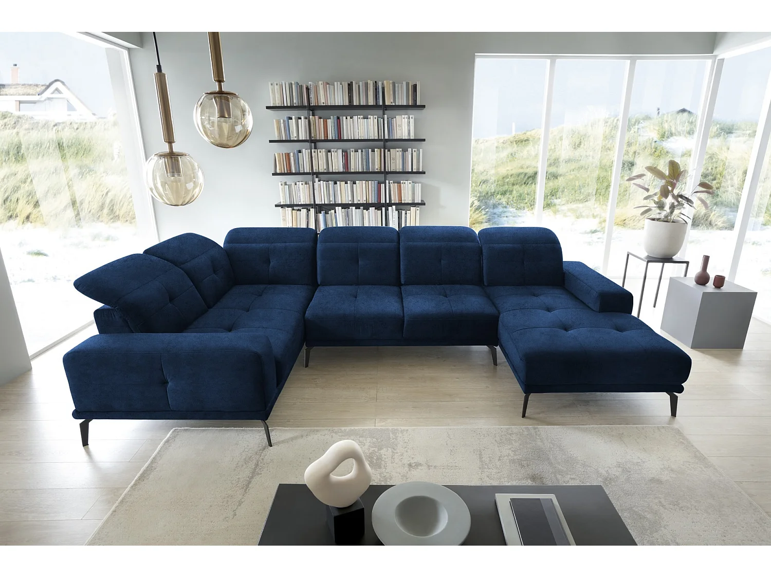 Canapé panoramique design velours bleu nuit têtières angle gauche avec accoudoir Stan 350cm