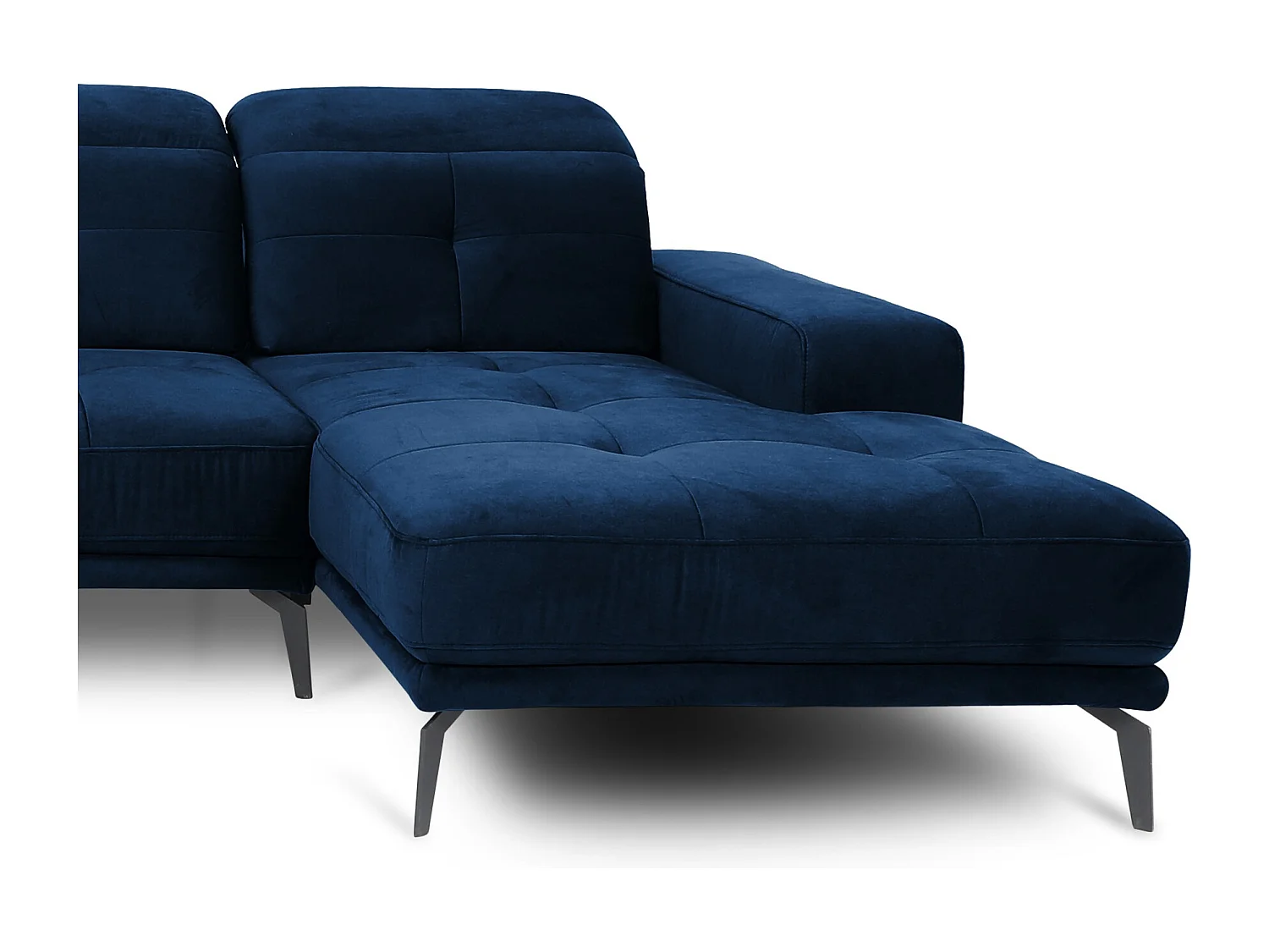 Canapé panoramique design velours bleu nuit têtières angle gauche avec accoudoir Stan 350cm