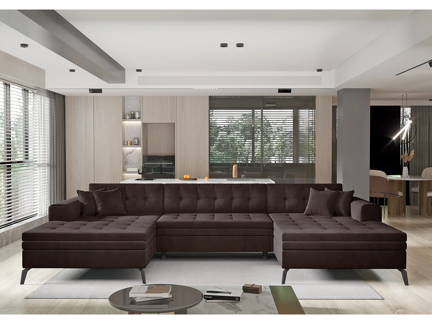 Canapé panoramique convertible tissu doux brillant capitonné marron Romy 350cm