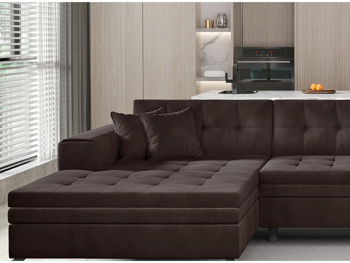 Canapé panoramique convertible tissu doux brillant capitonné marron Romy 350cm