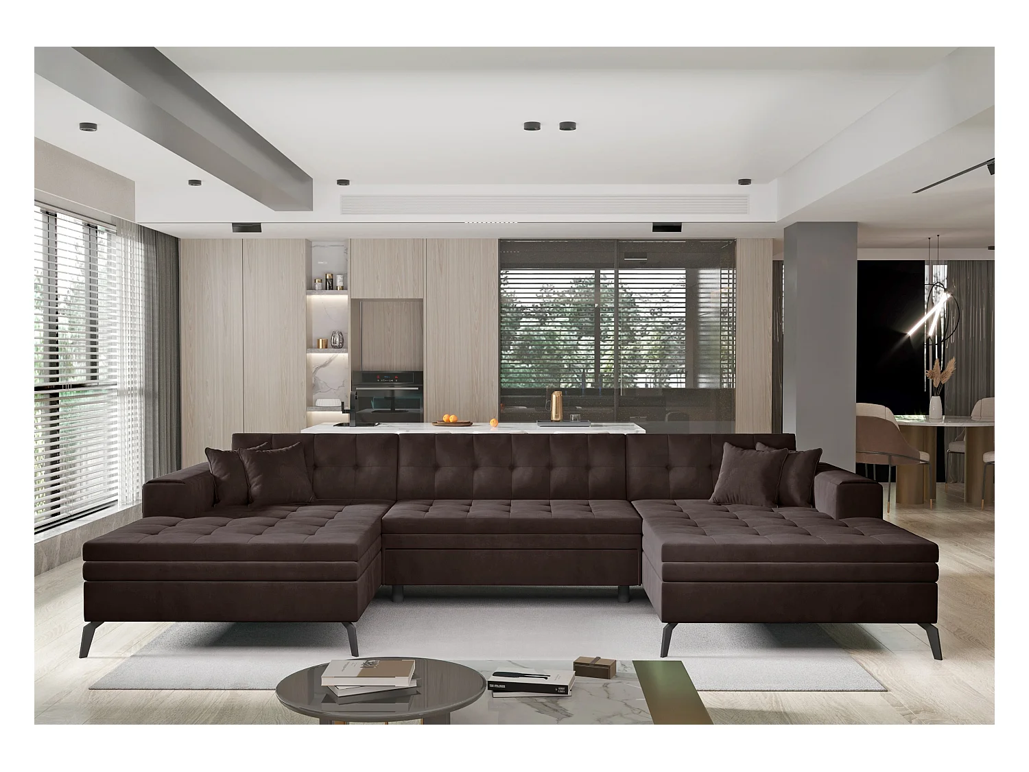 Canapé panoramique convertible tissu doux brillant capitonné marron Romy 350cm
