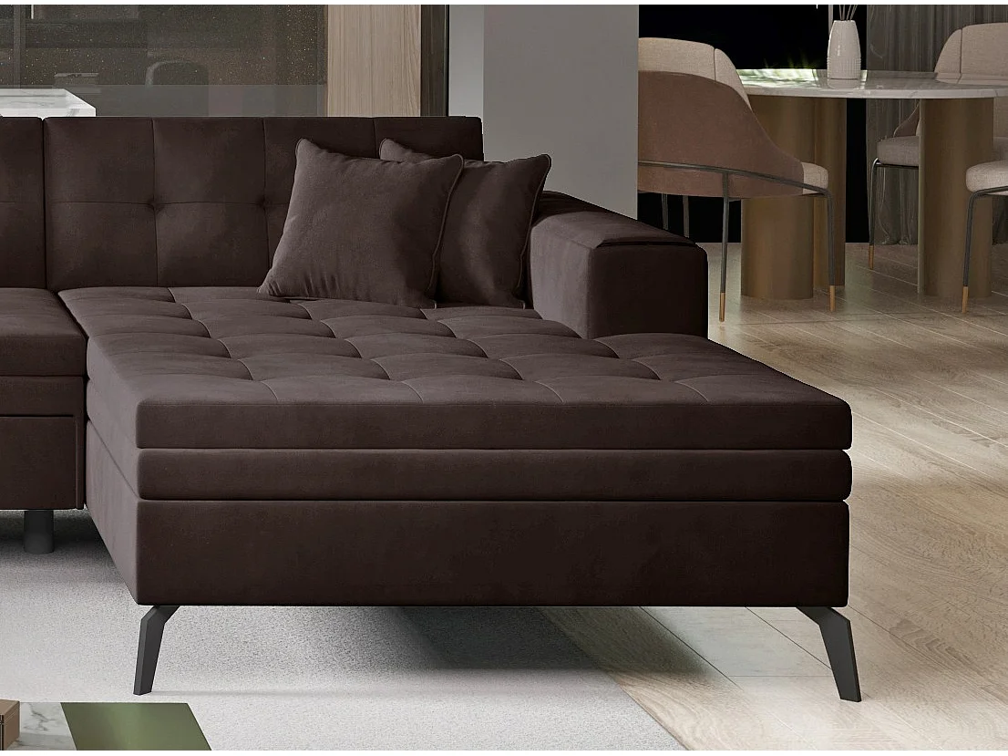 Canapé d'angle panoramique convertible 5 places en tissu capitonné marron ROMY