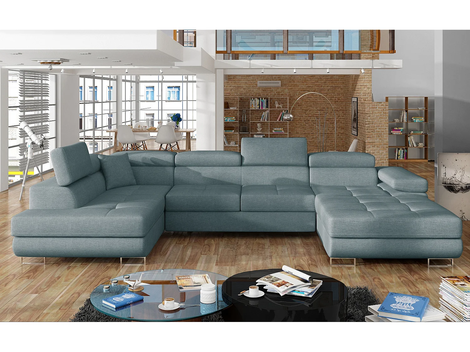 Canapé panoramique tissu vert sauge convertible avec coffre de rangement Romano 345cm-Coffre de rangement à gauche