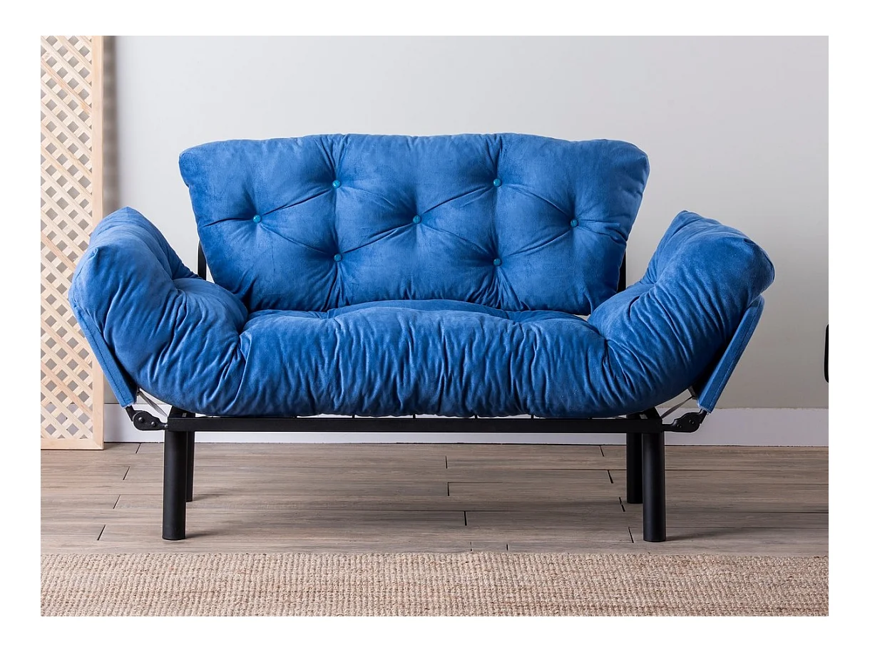 Canapé 2 places transformable en lit tissu bleu Pliaz 155cm