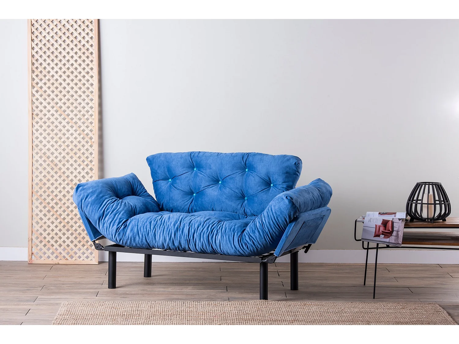 Canapé 2 places transformable en lit tissu bleu Pliaz 155cm