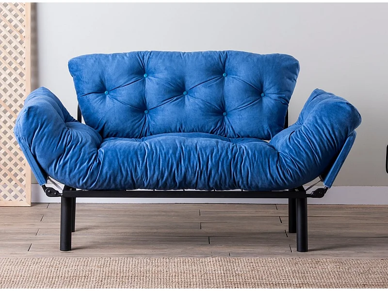 Divano Altadena 130, Blu, 155x70x85cm, Arazzo, Gambe: Metallo