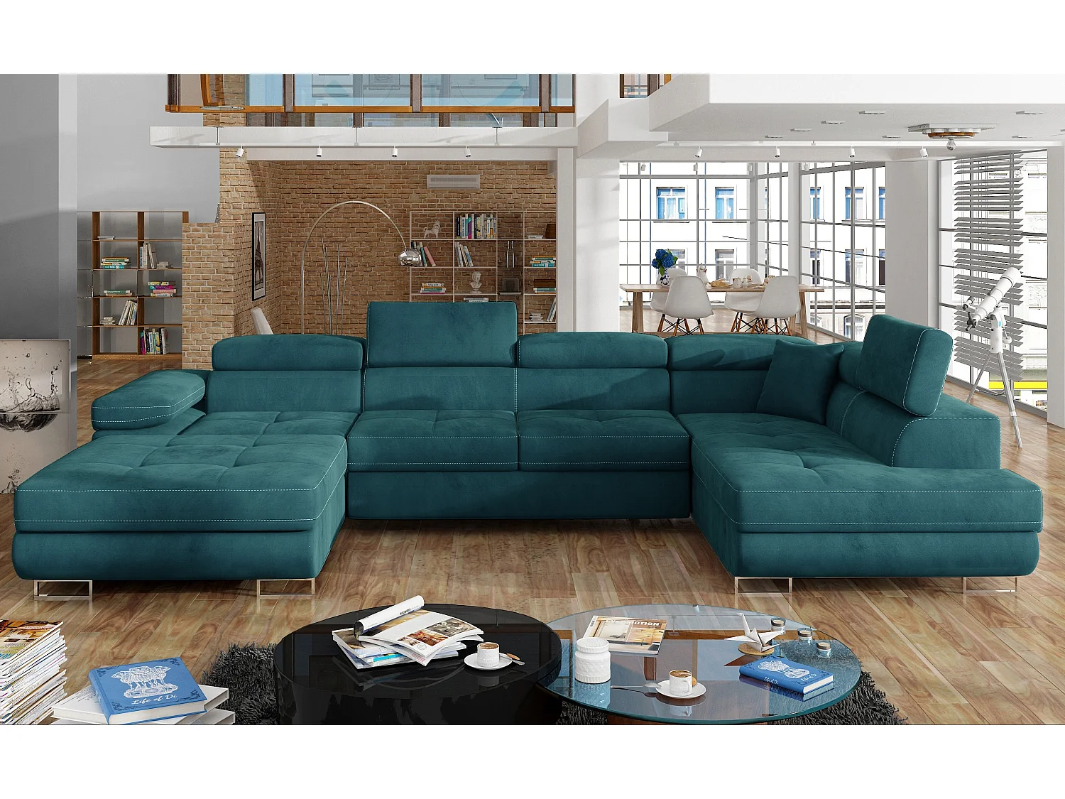 Canapé panoramique velours vert convertible avec coffre de rangement Romano 345cm-Coffre de rangement à droite