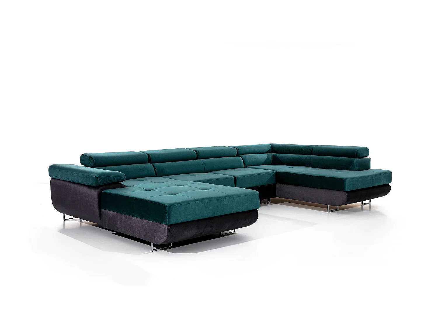 Canapé panoramique velours vert convertible avec coffre de rangement Romano 345cm-Coffre de rangement à droite