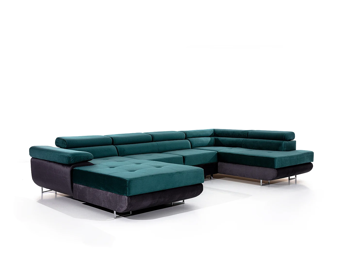 Canapé panoramique velours vert convertible avec coffre de rangement Romano 345cm-Coffre de rangement à droite