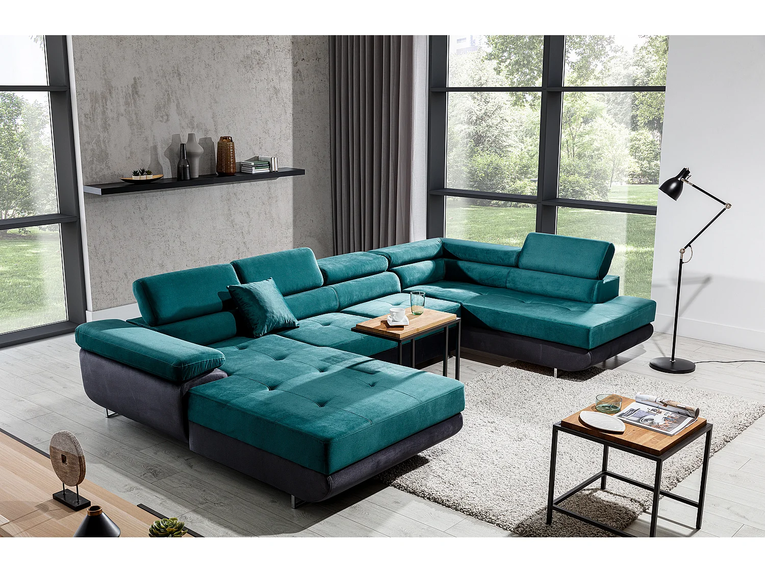 Canapé panoramique velours vert convertible avec coffre de rangement Romano 345cm-Coffre de rangement à droite