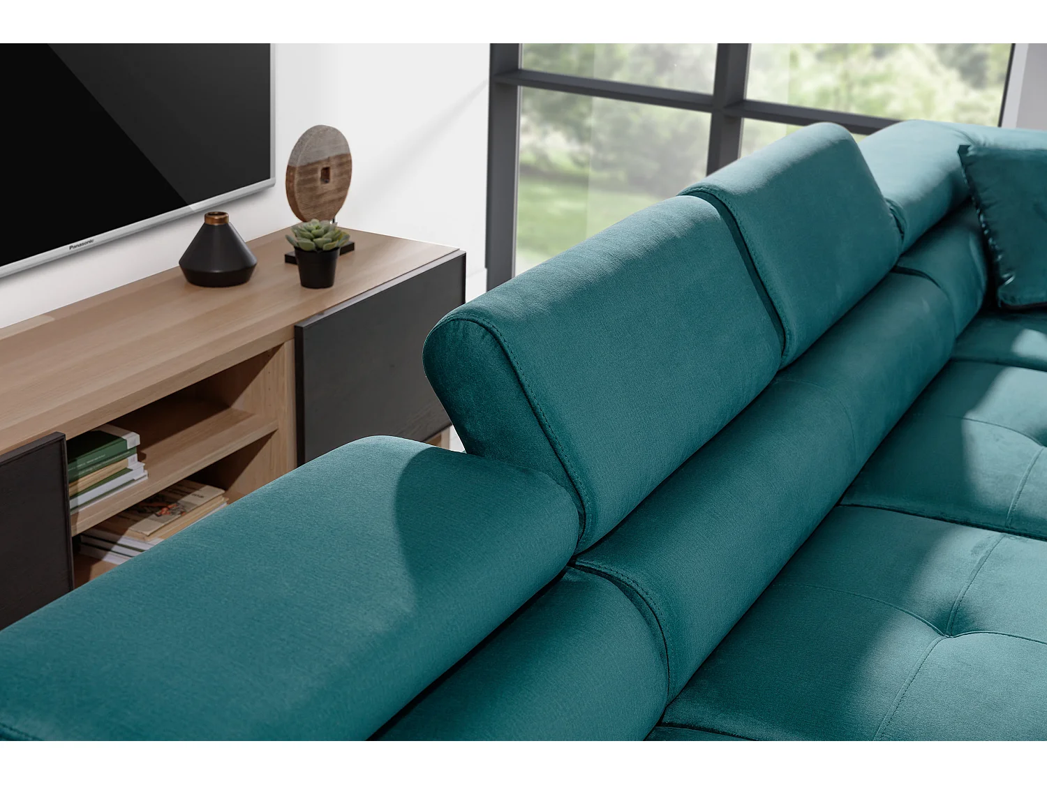 Canapé panoramique velours vert convertible avec coffre de rangement Romano 345cm-Coffre de rangement à droite