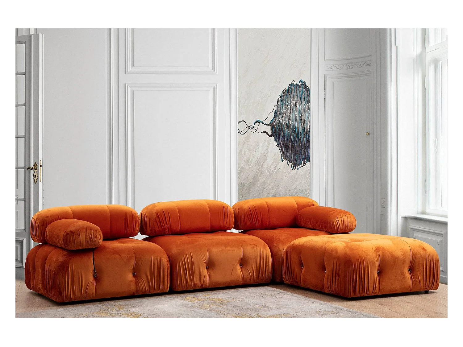 Canapé modulable velours orange 4 places avec pouf Noah