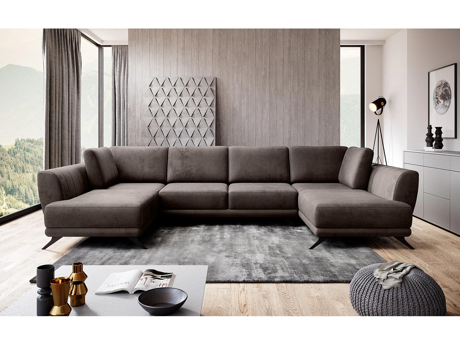 Canapé d'angle panoramique 6 places tissu marron Largos 362cm