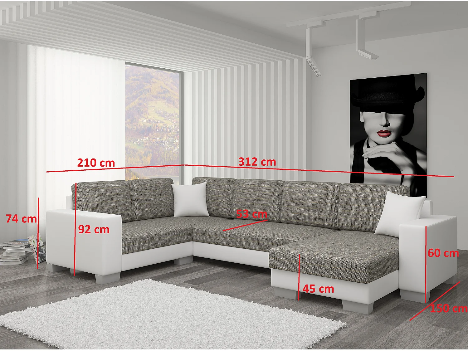 U-slaapbank grijs gemêleerde stoffen opbergbox rechts Marry 321 cm