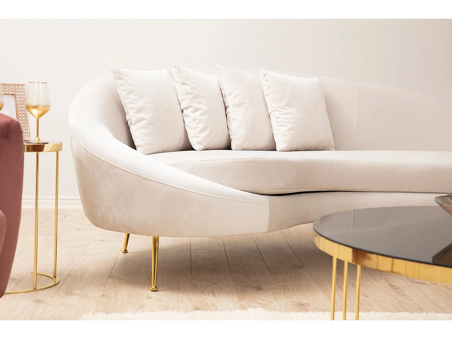 Canapé 3 places tissu beige arrondi coté gauche Tazany 255cm