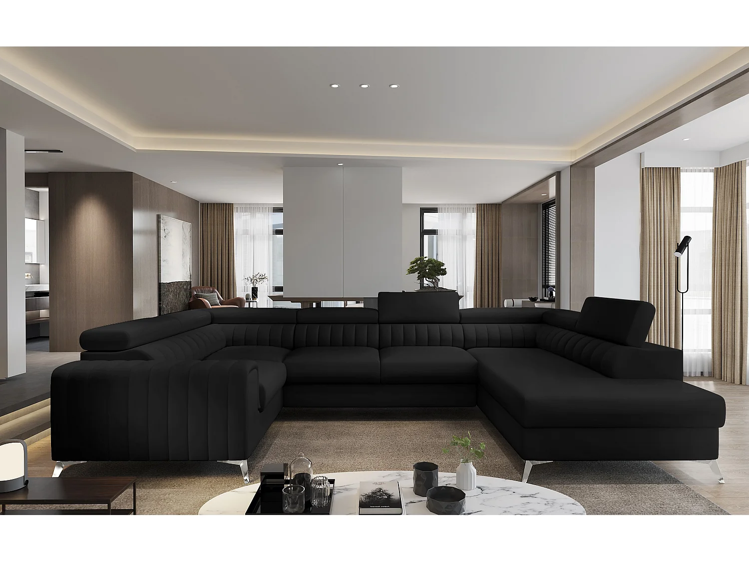 Canapé panoramique convertible simili cuir noir avec coffre de rangement Louve 340cm-Coffre de rangement à droite