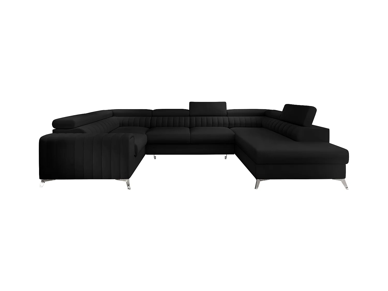 Canapé panoramique convertible simili cuir noir avec coffre de rangement Louve 340cm-Coffre de rangement à droite