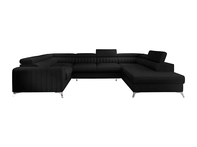 Canapé panoramique convertible simili cuir noir avec coffre de rangement Louve 340cm-Coffre de rangement à droite