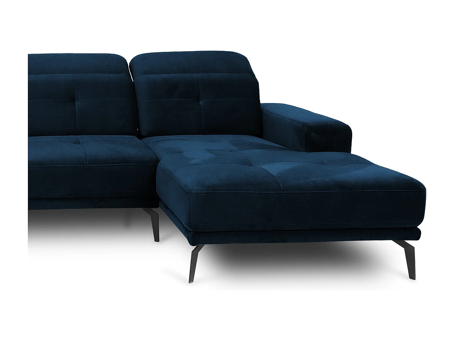 Canapé panoramique moderne tissu bleu nuit têtières angle gauche Versus 350cm