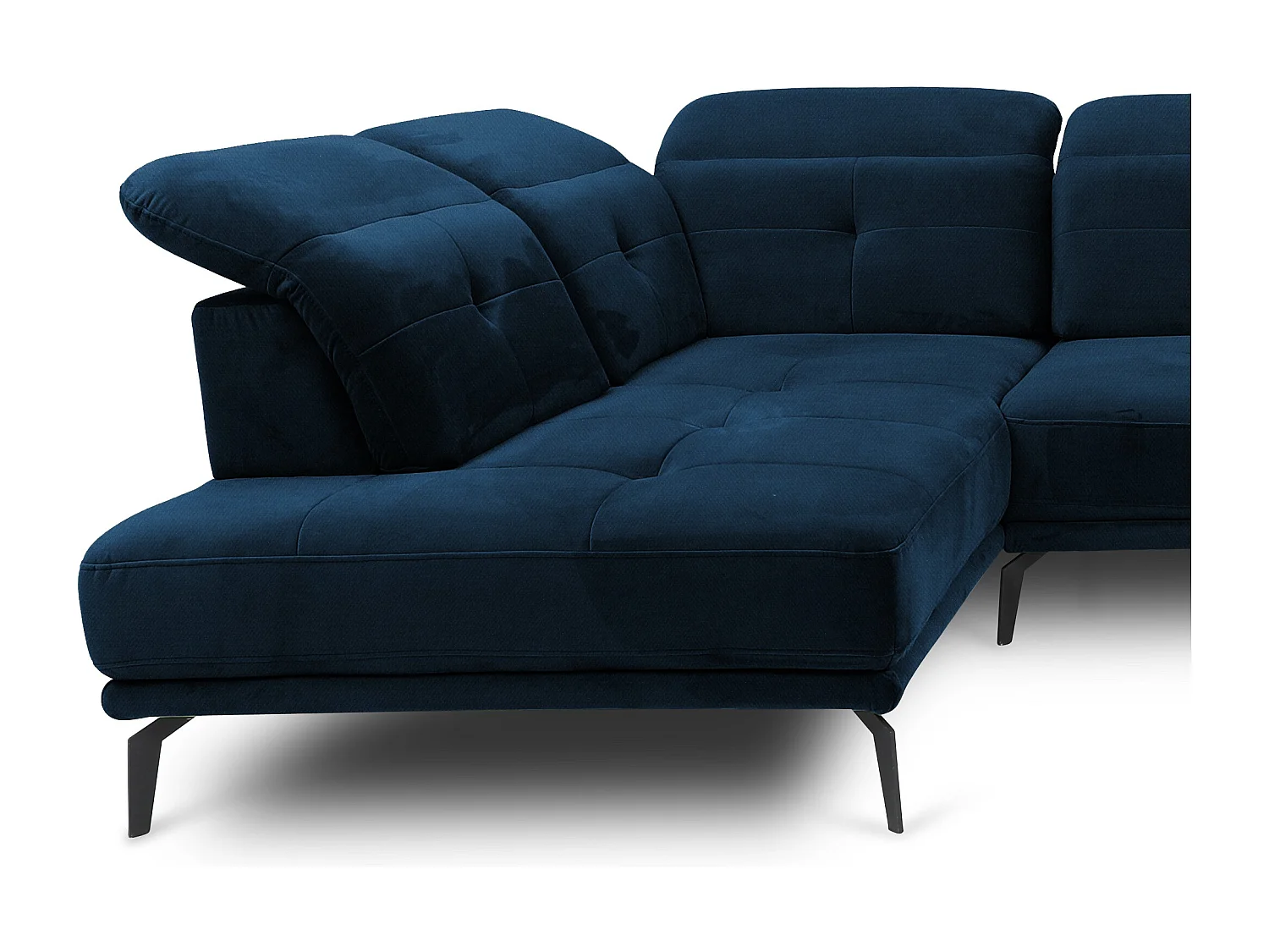 Canapé panoramique moderne tissu bleu nuit têtières angle gauche Versus 350cm